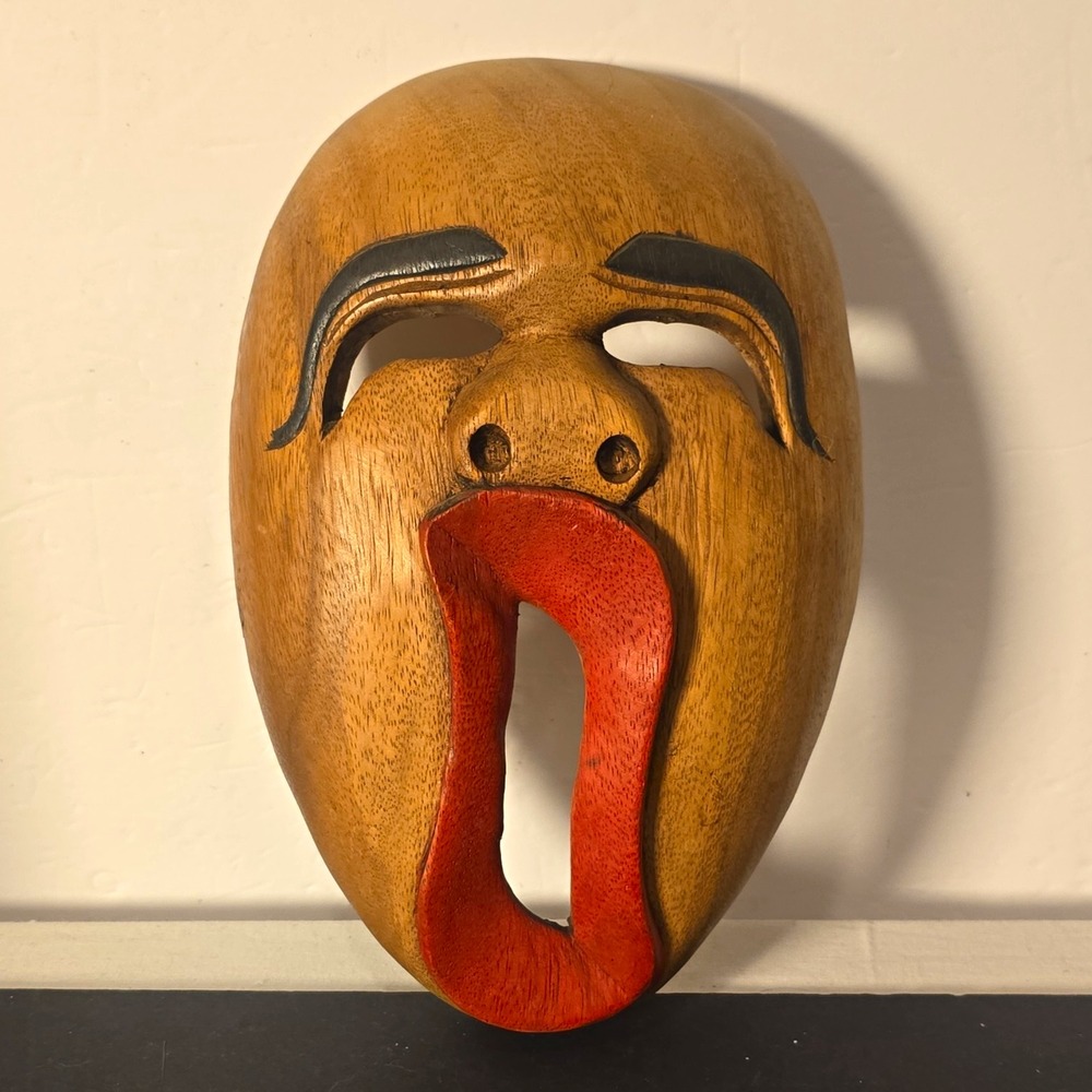 Hand Carved Wood Face Mask Wall Decor Tribal Folk Art Brown Red Black